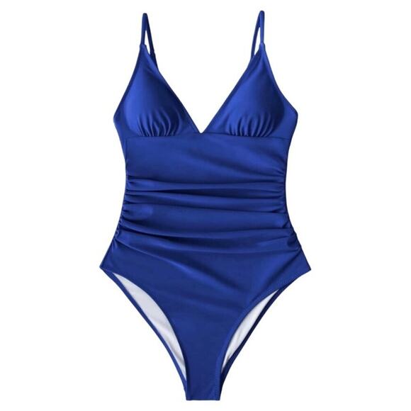 Cupshe Women’s Blue One Piece Swimsuit XL V-Neck Ruched Tummy Control Adjustable - Picture 4 of 9